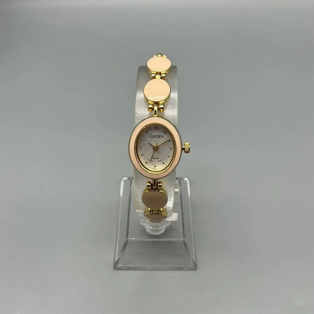 Cardini Womens Watch 18mm Silver Tone Pink Enamel Gold Tone New Battery 7.25